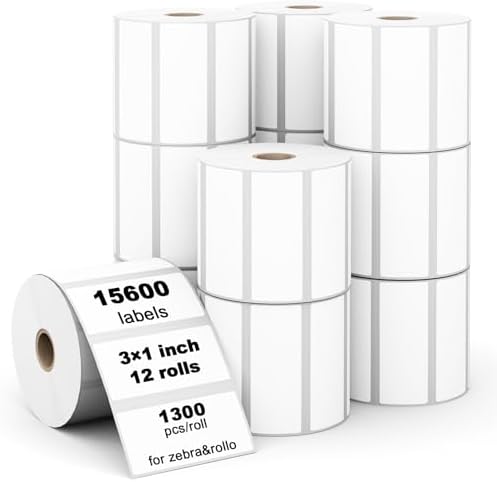 (15600 Labels/12 Rolls) Labelebal 3-Proof 1" Core 12 Rolls 3" x 1" Inch Direct Thermal Labels & Stickers,Address Shipping Labels Compatible with Rollo & Zebra Desktop Printers Adhesive by Labelebal