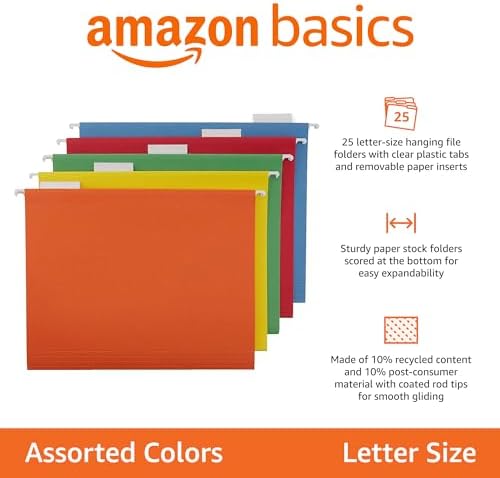 Amazon Basics Hanging File Folders with Adjustable Tabs, Sturdy Expandable Document Organizer, Letter Size, Assorted Colors, 25-Pack - Image 2
