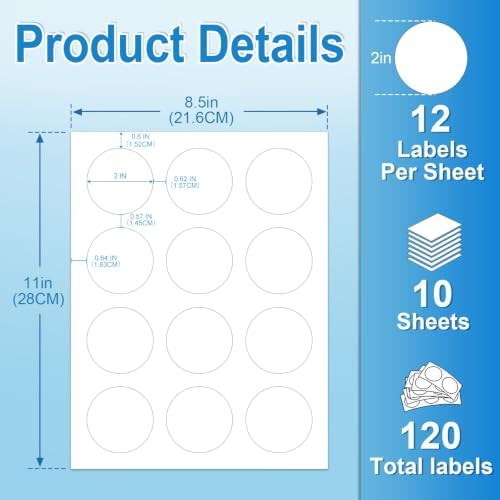 2 Inch Round Printable Labels, White Blank Circle Stickers for Laser Inkjet Printer, Wedding Favor, Candle, Cosmetic Jar & Handmade Craft Labels 120 Adhesive Labels (10 Sheets) with Template - Image 2