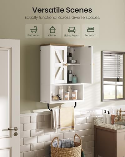 CHOEZON Bathroom Wall Cabinet, Medicine Cabinet with Open Partition and Towel Bar, Rustic Storage Cabinet with Open and Hidden Storage Space, for Bathroom, Living Room, Kitchen, White and Walnut - Image 6