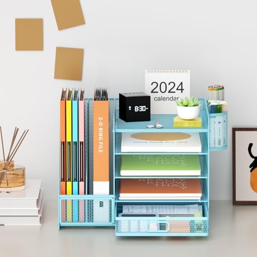 Marbrasse Desk Organizer with File Holder, 5-Tier Paper Letter Tray Organizer with Drawer and 2 Pen Holder, Mesh Desktop Organizer and Storage with Magazine Holder for Office Supplies(Blue) - Image 3