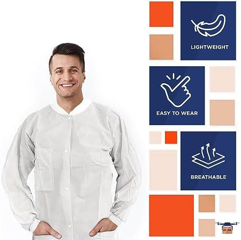 EZGOODZ Disposable Lab Coats for Adults, Large White, 45 GSM Polypropylene, Unisex Lab Coat with Snap Front, Knit Cuffs and Collar, 3 Pockets, Pack of 50 - Image 4