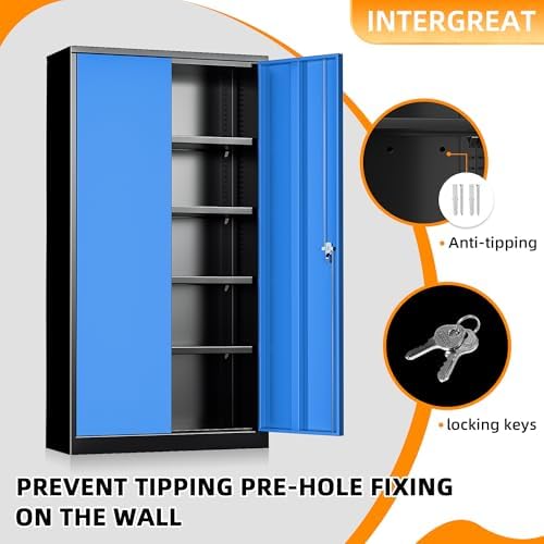 INTERGREAT Metal Storage Cabinet with Lock, 72" H Garage Cabinets with Doors and Adjustable Shelves, Lockable Metal Cabinets for Garage, Home, Office(Black-Blue) - Image 5