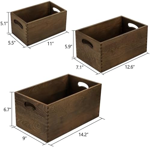 Hedume Set of 3 Nesting Wooden Crates, Wood Crate Box with Handle, Rustic Brown Decorative Wood Storage Crates Container, Stackable Cube Basket Bins Organizer for Home, Office, Closet, Shelf - Image 5