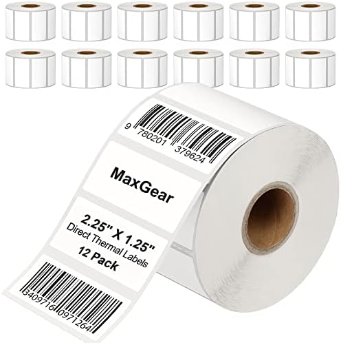 MaxGear 2.25" x 1.25" Direct Thermal Labels, 12000 Pcs/12 Rolls by MaxGear