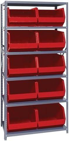 Quantum Storage Systems QSBU-270RD Giant Open Hopper Steel Shelving System, 18" D x 36" W x 75" H, with 6 Shelves and 10 QUS270 Bins, Red by QuantumStorageSystems
