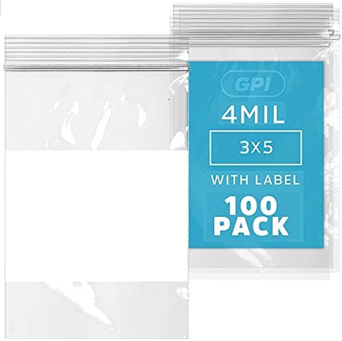 GPI 3"x5" Zip Bags, 100 Pack, 4 Mil Heavy Duty, Write with White by GPI