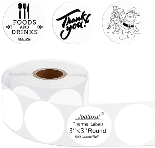 3 Inch White Round Thermal Sticker Labels, Self-Adhesive Circle Direct Thermal Printer Labels, DIY Design, QR Code, Name Tag, Brand Label,Gift Label (White 500 PCS/1 Roll) by Joatuxul
