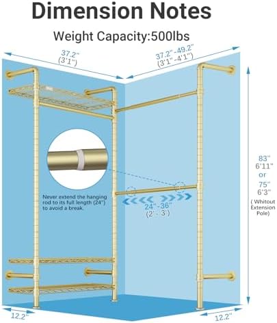 Timate L2 Wall Mounted Clothes Rack Industrial Pipe Clothing Rack for Hanging Clothes, Adjustable Expandable Garment Rack Heavy Duty Closet Organizer, Gold Mounted Closets Industrial Closet System - Image 4