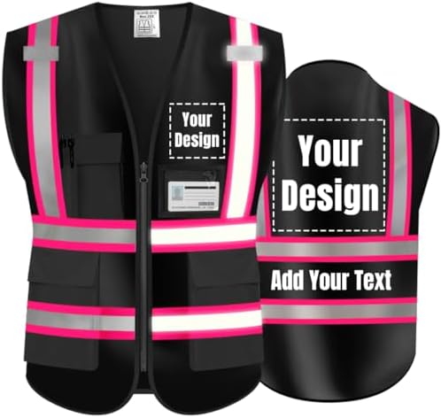High Visibility Reflective Safety Vest Customize Logo Hi Vis Protective Workwear Outdoor Work Vest (3XL, Black-pink) by YOWESHOP