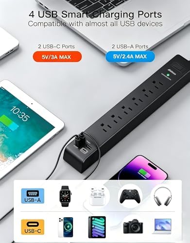 Flat Plug Extension Cord, Surge Protector Power Strip 15FT, 10-in-1 with 6 AC Outlets 4 USB Ports(2 USB-C), Extension Cord with Multiple Outlets, Wall Mountable, 1080J Surge Protection, Black - Image 3