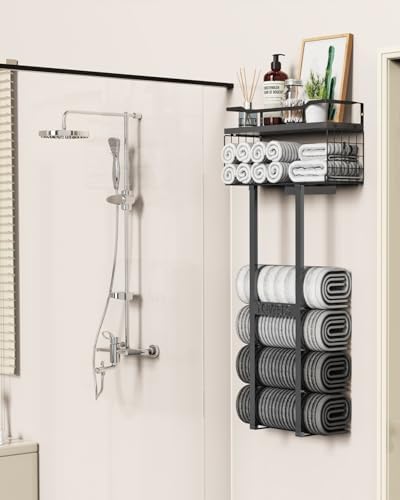 Aetyord Towel Racks for Bathroom 31inch Wall Mounted Towel Rack,Floating Shelf with Wood Plank,Towel Storage for Bathroom can Holds 6 Large Rolled Towels,All Black - Image 5