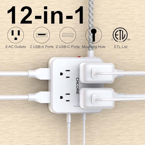 Surge Protector Power Strip - CHCORE 10 Ft Braided Extension Cord with 8 Outlets with 4 USB (2 USB C) Charging Ports, Flat Plug Multi Plug Outlet Extender Charging Station for Home Office, ETL, White - Image 2