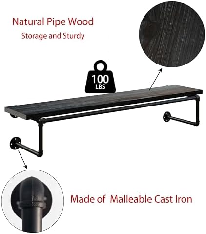 Clothes Rack 60in, Wall Mounted Garment Racks with Black Solid Wood Shelf, Heavy Duty Hanging Clothes Rack, Multi-Purpose Hanging Rod, Space-Saving Closet Storage - Image 7