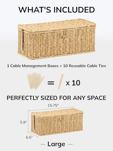 Cable Management Box, Cord Organizer with Lid & Cable Ties - Natural,L - Image 2