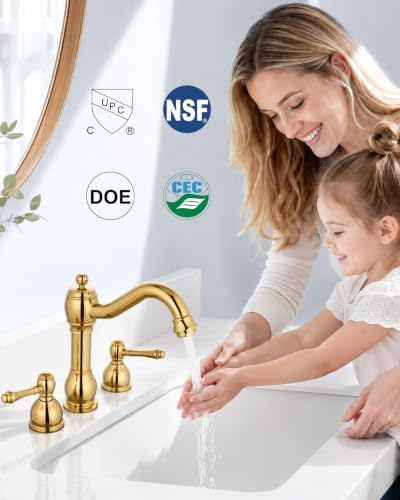 Aolemi Widespread Bathroom Sink Faucet 3 Hole Metal Lever Polish Gold - Image 4