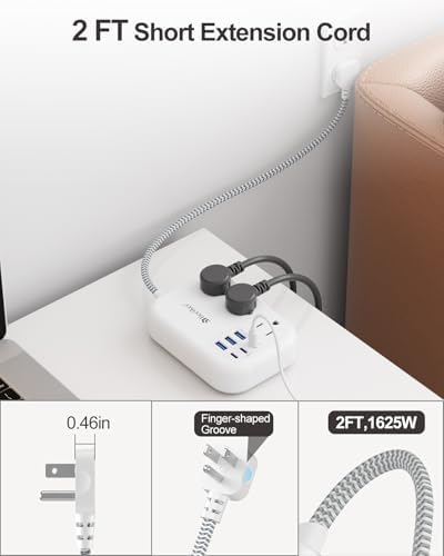 Beeiker Short Extension Cord 2 Foot Travel Power Strip 6 USB 3 Outlets - Image 5