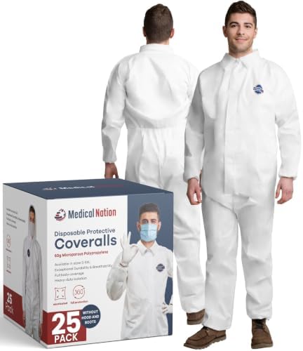 Medical Nation Hazmat Suits Disposable | 25 Pack, Extra Large | Non-Hooded Protective Coveralls - Heavy Duty Full Body Painters Suit for Men & Women Without Hood - Breathable & Water Resistant - XL by MEDICALNATION