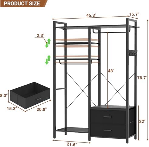 78.7'' Clothes Rack for Hanging Clothes - Reversible Clothing Rack with 2 Drawers, Heavy Duty Garment Racks with Shelves, 6 Tiers Freestanding Portable Closet Wardrobe System with Hanging Hooks, Black - Image 3