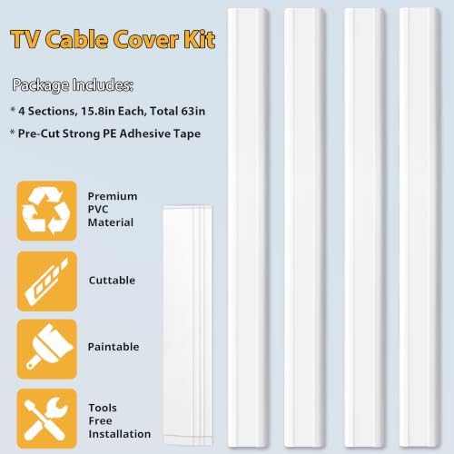 ZhiYo 63in White Cord Cover, TV Cord Hider for Wall Mount, 1.5inW x 0.75inH - Image 5