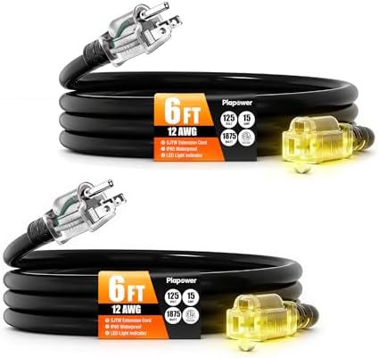 12/3 Gauge Outdoor Extension Cord 6 FT Heavy Duty Waterproof Black(2Pack) by Unknown