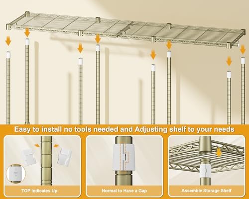 ULIFHOME E14 Pro Heavy Duty Clothes Rack，Freestanding Clothing Racks for Hanging Clothes，Adjustable Closet Organizers and Storage，Metal Garment Rack with Shelves 69"W x16"D x77"H，Max Load 960LBS，Gold - Image 6