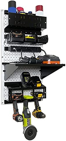Wall Control Power Tool Storage Organizer Kit Cordless Drill Holder Charging Station Rack 16” x 32” Metal Pegboard Organization System (White Pegboard) - Image 3