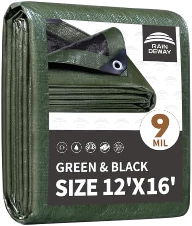 RAINDEWAY 12x16 Feet Tarp Waterproof,9Mil Green/Black Poly Tarps Cover by RAINDEWAY