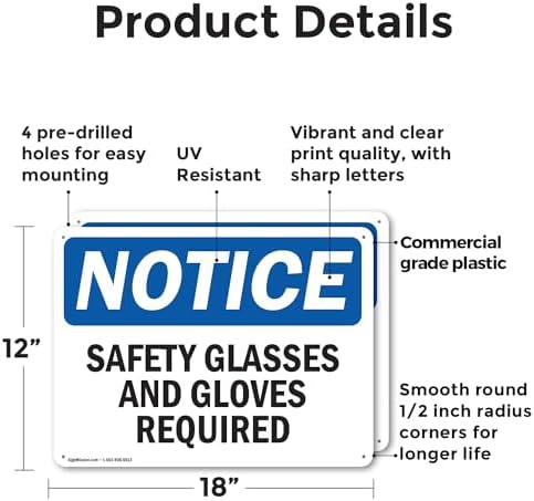 (2 Pack) Safety Glasses And Gloves Required OSHA Notice Sign 18 Inch X 12 Inch Plastic Sign, Weather Resistant, UV Protected for Workplace, Business, and Construction Site, Made in the USA - Image 2