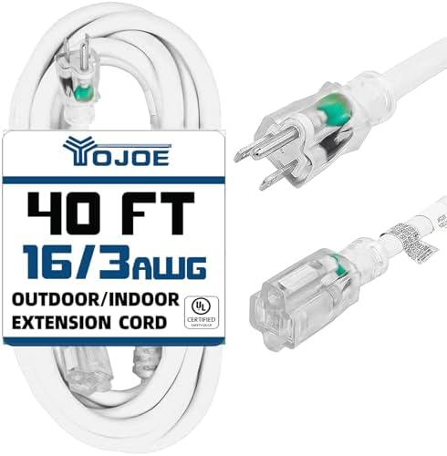 YOJOE Indoor Outdoor Extension Cord with Lighted End, 3 Prong 13A Weatherproof Power Cord, 16 Gauge Heavy Duty 40 ft White Extension Cord for Garage, Garden and Home, 16/3 SJTW UL Listed by YOJOE