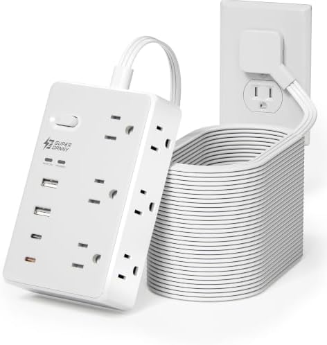 25Ft Long Extension Cord, PD20W, 6 outlets, 2A2C, Flat Plug Surge Protector by SUPERDANNY