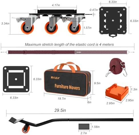 MYUEA Heavy Duty Furniture Dolly, 5 Wheels with Removable Side Guards, 3307 Lbs Capacity, 360 Rotating Wheels & Tail Brake, Orange, Carbon Steel - Image 7
