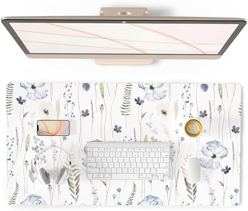 QiyI PU Leather Large Mouse Pad, Office Decor, 31.5" x 15.7", Blue Flowers by QIYI
