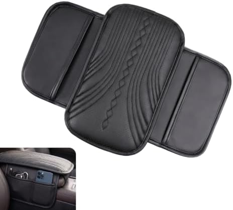 Leather Car Armrest Cover Cushion with Dual Side Storage Pockets, 12.60"×3.15" Breathable Center Console Protector Pad, Comfort Auto Arm Rest Mat Interior Accessories for Cars (Black) by Unknown