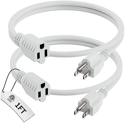 PLUGTUL 1 FT Extension Cord | 2-Pack Short Power Cord, Indoor/Outdoor 16 Gauge 3 Prong Grounded Wire ETL Listed, 13A 1625W 125V SJTW, White by PLUGTUL