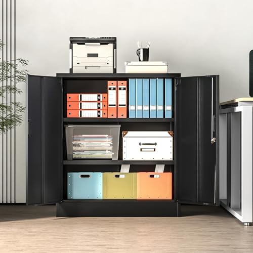 Wanfu Metal Storage Cabinet, 36" H Locking Storage Cabinet with 2 Adjustable Shelves, Metal Cabinets for Garage, Home, Office, Utility Room-Black - Image 2