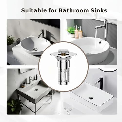 Universal Pop-Up Bathroom Sink Stopper, Stainless Steel Drain Strainer with Removable Filter Basket for 1.1"-2.36" Basin, Push-to-Bounce Core, Bathroom Sink Plug, Hair Catcher, 2 Pack - Image 6