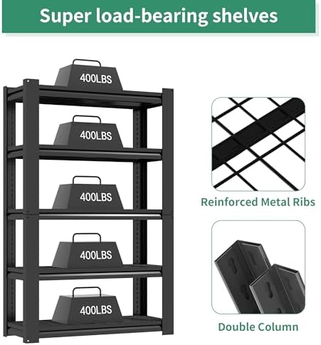72" H Garage Shelving, Garage Shelves Heavy Duty, 5 Tier Adjustable Storage Shelves for Warehouse, Basement, Workshop, Kitchen, Require Assembly, 16''D*35.5''W*72''H, Black - Image 4