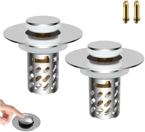 Universal Pop-Up Bathroom Sink Stopper, Stainless Steel Drain Strainer with Removable Filter Basket for 1.1"-2.36" Basin, Push-to-Bounce Core, Bathroom Sink Plug, Hair Catcher, 2 Pack by KKPOT