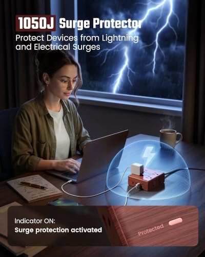 SUPERDANNY Brown Extension Cord 10Ft, Flat Plug Power Strip Surge Protector - Image 6
