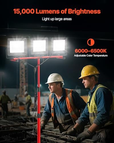 VEVOR LED Work Light with Stand, 15000 Lumens, Three-Head Portable Camping Light with Individual Switch, Tripod Stand, 10.83 ft Power Cord, for Indoor Outdoor Job Site Construction, IP65 Waterproof - Image 2