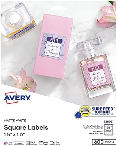 Avery® Printable Blank Square Labels, 1.5" x 1.5", Matte White, 600 Customizable Labels (22805) by Avery