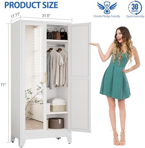 GAIOUS Metal Wardrobe Cabinet with Mirror and Hanging Rod, 71" White - Image 2