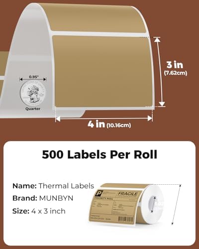 MUNBYN 4x3 Thermal Labels, 500 Sheets/1 Roll, Brown - Image 2