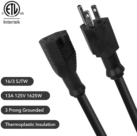 Clear Power 8 ft Extension Cord - 16/3 SJTW, Black Waterproof, Weather Resistant, Flame Retardant, 3-Prong Grounded Plug for Safe and Reliable Use - Ideal for Home, Garage, and Outdoor Projects - Image 2