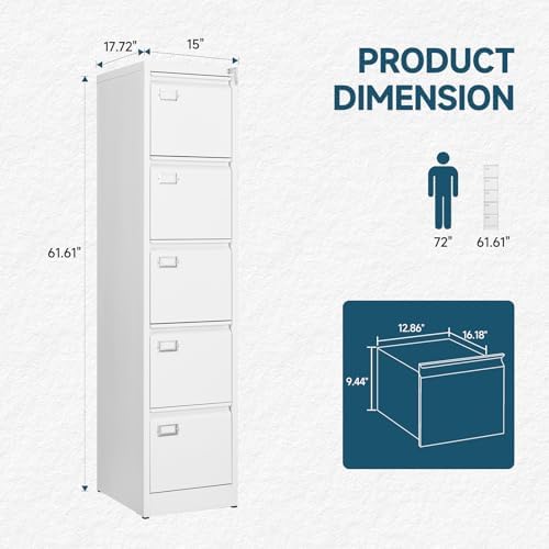 MIIIKO 5 Drawer File Cabinet with Lock, Metal Vertical Filing Cabinets for Home Office,File Folders Storage Cabinet for Letter Legal A4 File Size - Image 3