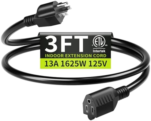 16/3 Black Extension Cord 3 FT Indoor, Short Extension Cord by Seeklyze