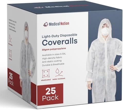 Medical Nation Hazmat Suits Disposable | 25 Pack | Light Duty Disposable Coveralls Men | With Attached Hood and Boots - Overall Protective Chemical Suit for Men & Women, Disposable Paint Suit - Medium - Image 2