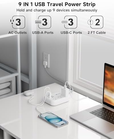 Beeiker Short Extension Cord 2 Foot Travel Power Strip 6 USB 3 Outlets - Image 3