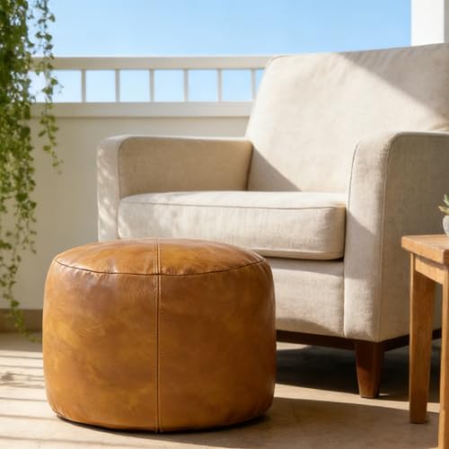 Thgonwid Unstuffed Faux Leather Pouf Cover, Handmade Footstool Ottoman Storage Solution, Floor Footrest Cushion, 16.5”Dx12”H, Yellow - Image 2
